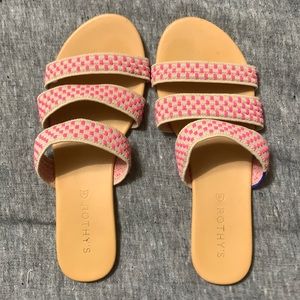 Rothy’s triple-band slide sandals, size 7.5, hot pink/tan